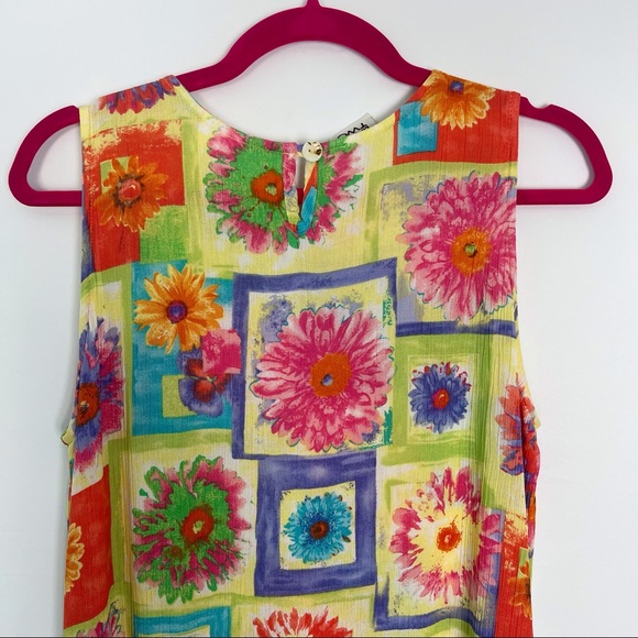 Y2K Summer Dress Geometric Floral Print Yellow M - Picture 4 of 4